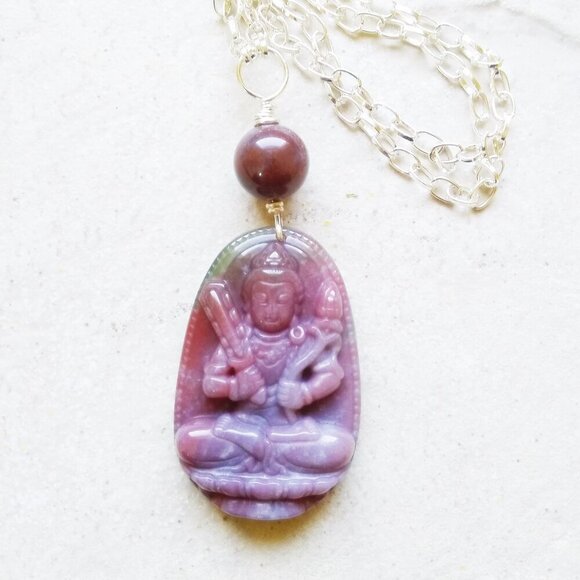 Guanyin ~ Mauve India Agate Amulet Necklace & Earring Set! Quan Yin Buddhism - Picture 7 of 13